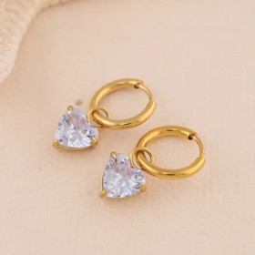 Boucles d'oreilles mini créoles dorées avec pendentifs cœur en strass - 1