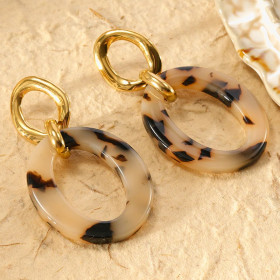 Boucles d'oreilles dorées pendantes ovale résine léopard - 2