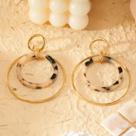 Boucles d'oreilles dorées pendantes double cercle résine léopard - 1