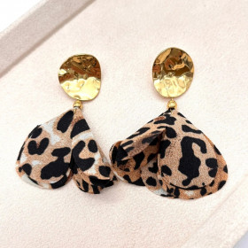 Boucles d'oreilles dorées pendantes avec tissu léopard - 1