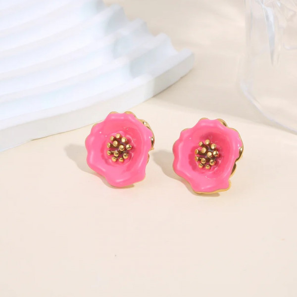 Boucles d’oreilles puces fleur émaillée rose cœur doré - 1