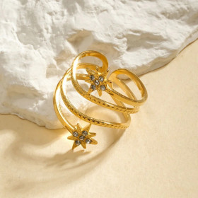 Bague Dorée Quadruple Ligne Double Etoile - 1