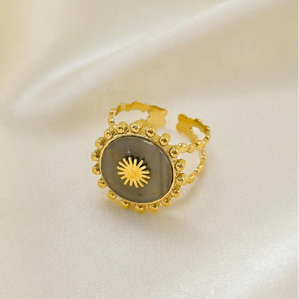 Bague Dorée Ouverte Cadre Soleil Incrustée de Pierre Grise - 1