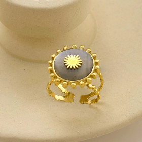 Bague Dorée Ouverte Cadre Soleil Incrustée de Pierre Grise - 2
