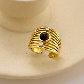 Bague Dorée ajustable Sertie de Pierre Œil de Tigre Et Strass - 1