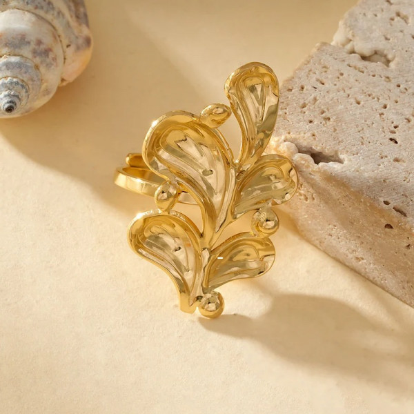 Bague Dorée Ajustable Grande Feuille - 1
