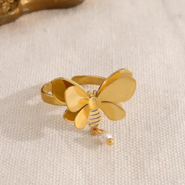 Bague dorée abeille avec pendentif ajustable - 1