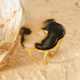 Bague ajustable double ligne fleur avec résine léopard - 2