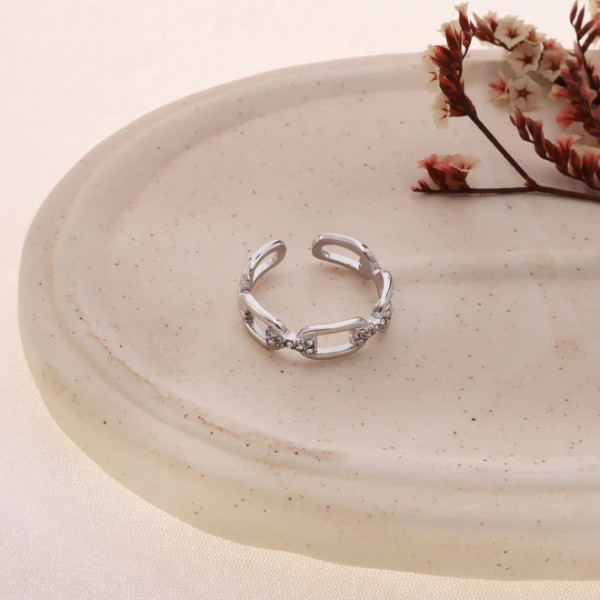 Bague argentée ajustable chaîne reliée par des liens strassés - 1