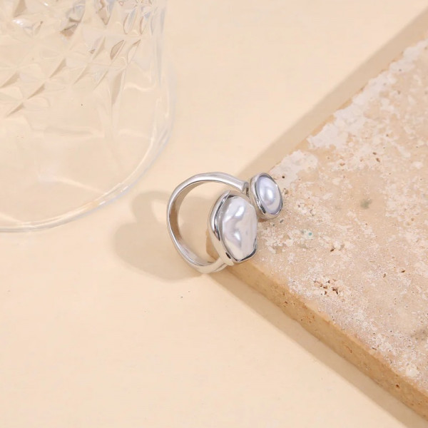 Bague ajustable argentée ouverture avant perle texturé et lisse - 1