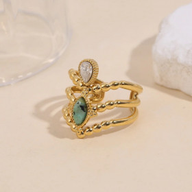 Bague dorée ajustable couronne avec turquoise africaine et strass - 1