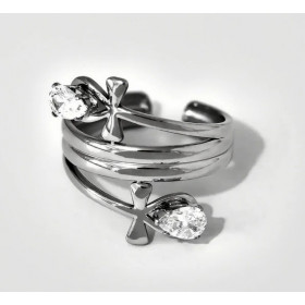 Bague semi épaisse argentée ajustable ornement fleurs avec strass gouttes - 1