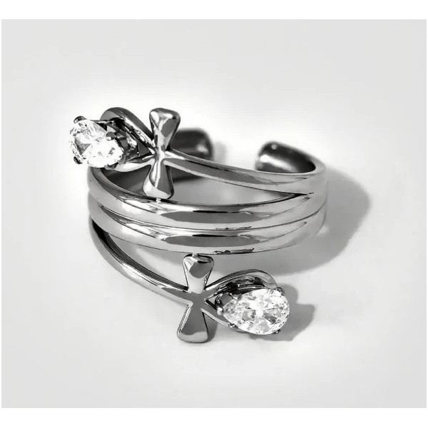 Bague semi épaisse argentée ajustable ornement fleurs avec strass gouttes - 1