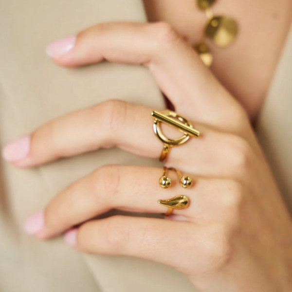 Bague Dorée ajustable Boules Et Goutte Sur pointes - 1