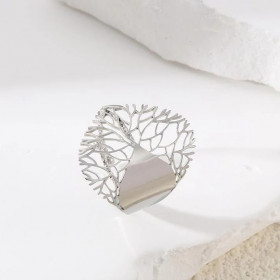 Bague Argentée Ajustable Arbre Ajouré Avec Plaque Feuille - 1