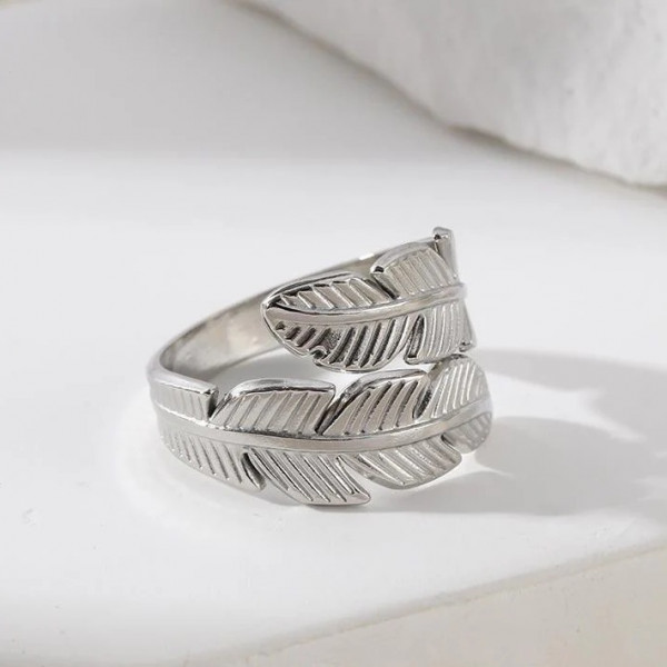 Bague ajustable Argentée Pointes En Feuilles Gravées - 1