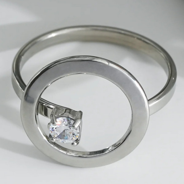 Bague ajustable Argentée Anneau Plat Et Strass Rond - 1