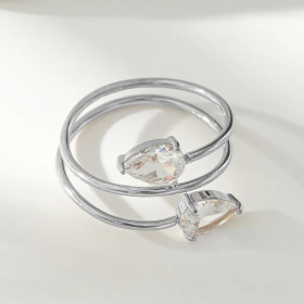 Bague ajustable Argentée Spirale Avec Double Strass Gouttes - 1