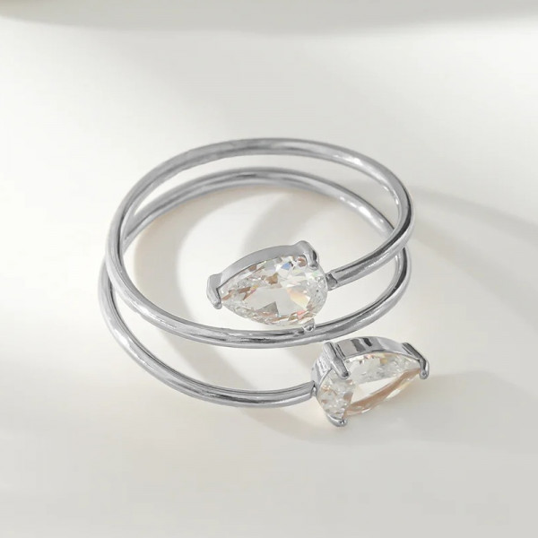 Bague ajustable Argentée Spirale Avec Double Strass Gouttes - 1