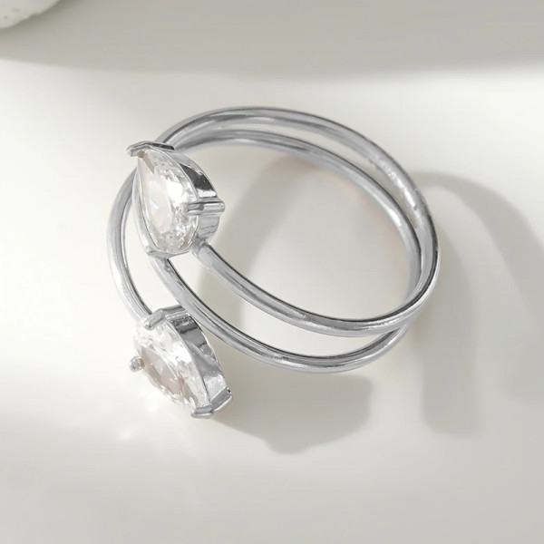 Bague ajustable Argentée Spirale Avec Double Strass Gouttes - 2