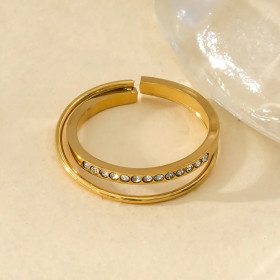 Bague ajustable Dorée Double Anneaux Simple Et Strass - 1