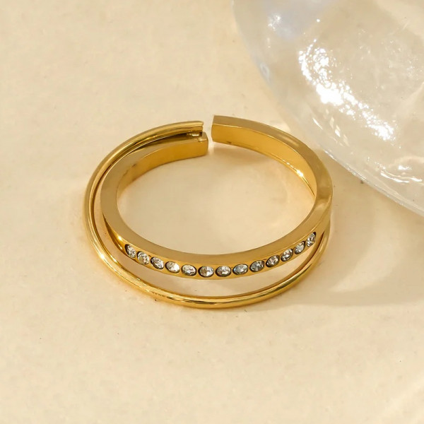 Bague ajustable Dorée Double Anneaux Simple Et Strass - 1