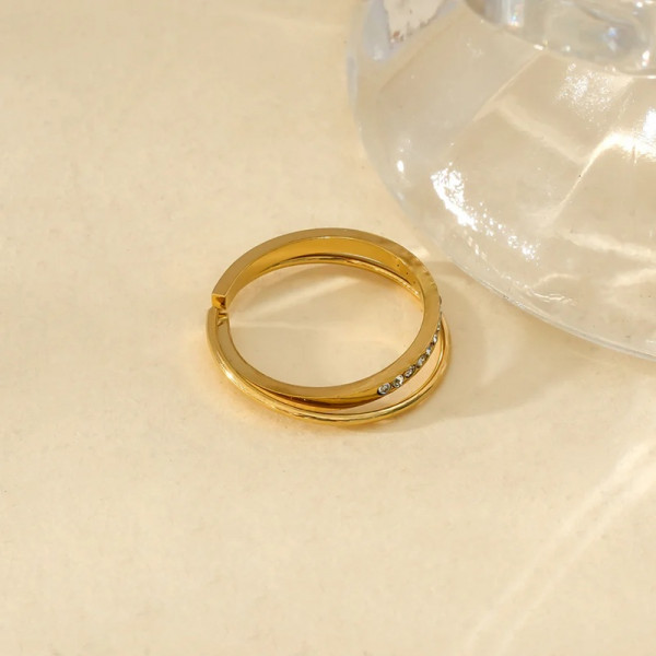 Bague ajustable Dorée Double Anneaux Simple Et Strass - 2