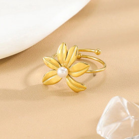 Bague Dorée Raffinée Fleur Avec Perle Ajustable - 1