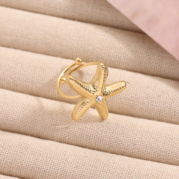 Bague Dorée Ajustable Étoile De Mer Et Strass - 2