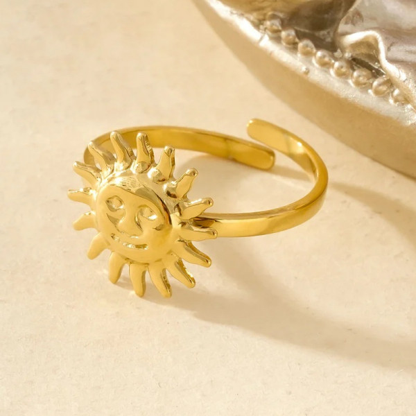 Bague Dorée Ajustable Visage Soleil - 2