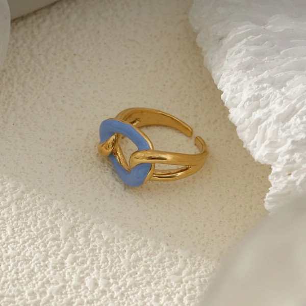 Bague Dorée Maillon Entrelacé Émaillé Bleu - 2