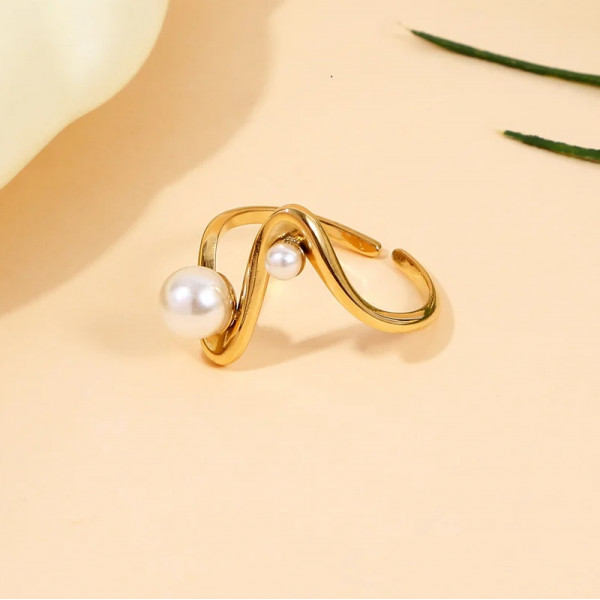Bague Dorée Ajustable Vague Perlée - 1