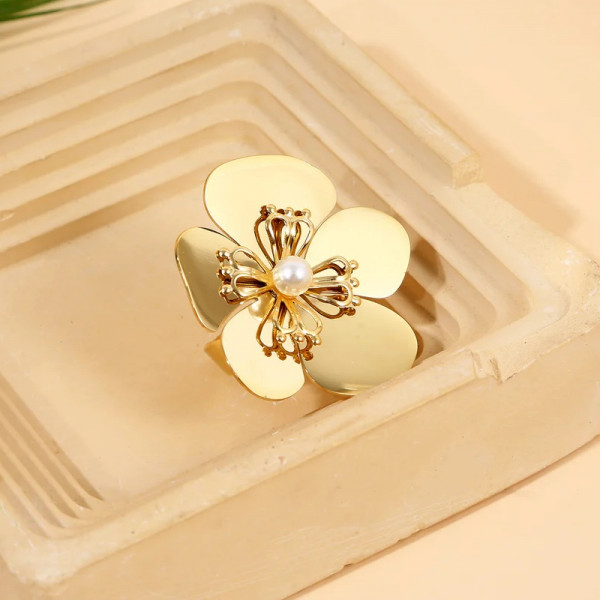 Bague Dorée Ajustable Fleur avec Perle Baroque - 1