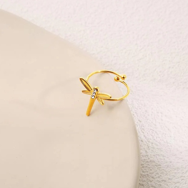 Bague Dorée Ajustable Libellule Cristalline Avec Strass - 1