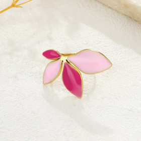 Bague Dorée Ajustable Motif Feuilles Roses Émaillées Et Fuchsia - 1