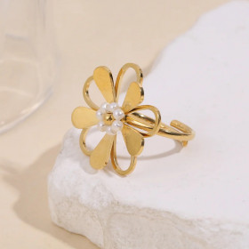 Bague ajustable dorée marguerite avec perle - 1