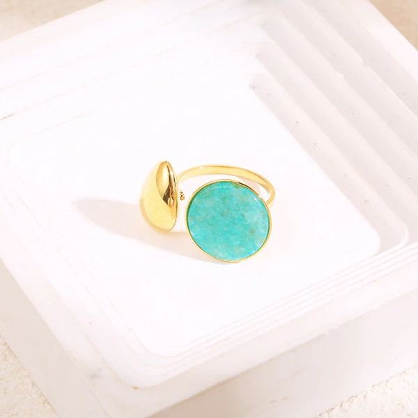 Bague dorée ajustable ouverture devant goutte avec pierre ronde bleue - 1