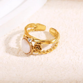 Bague dorée ajustable fleur strass et pierre goutte blanche - 1