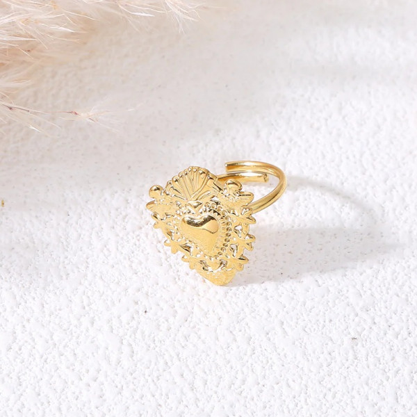 Bague fine ajustable dorée avec cœur ex-voto - 1