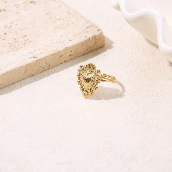 Bague fine ajustable dorée avec cœur ex-voto - 2