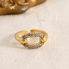 Bague dorée ajustable anneau central ovale serti de strass - 1