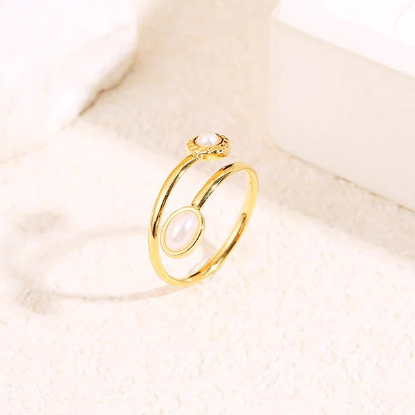 Bague dorée ajustable ouverture avant avec détails perlés - 1