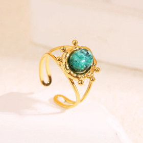 Bague dorée ajustable à double anneau avec pierre ronde verte sertie - 1