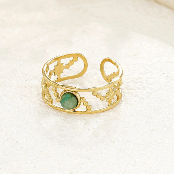 Bague dorée ajustable double ligne avec pierre turquoise - 1