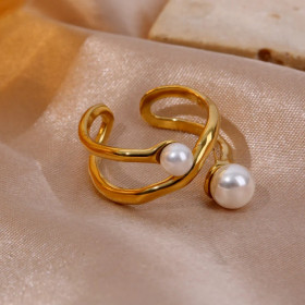 Bague dorée ajustable double branches croisées 2 perles incrustées - 1