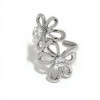 Bague argentée ajustable ornement double fleurs avec strass central - 1