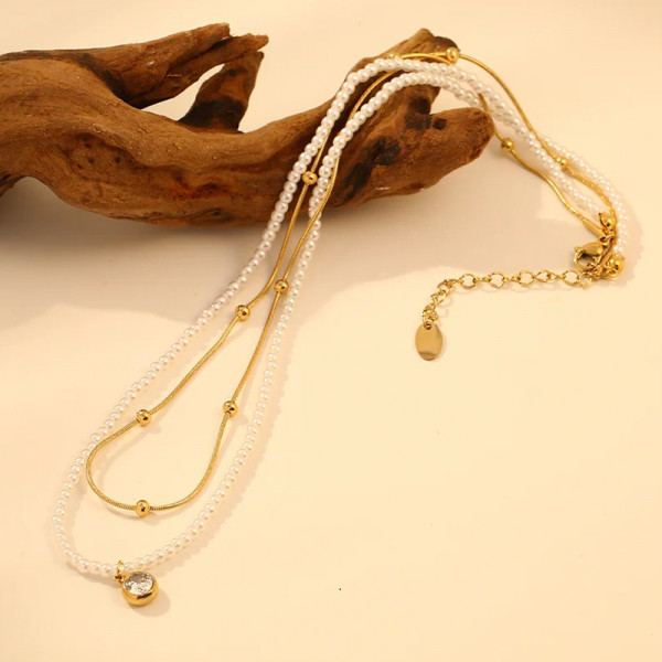 Collier Doré Double Chaîne avec Perle et Pendentif Strass - 1