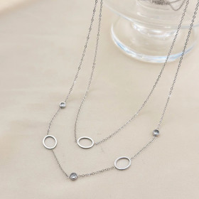 Collier Argenté Double Chaînes Enfilées de Triple Anneux Et Strass - 1