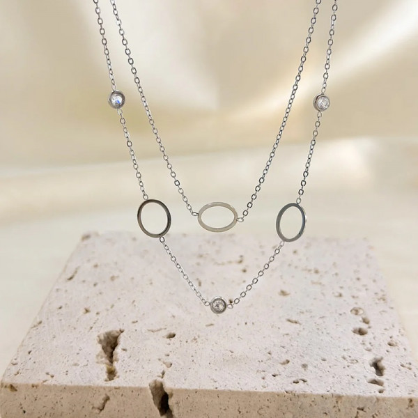 Collier Argenté Double Chaînes Enfilées de Triple Anneux Et Strass - 2