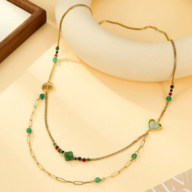 Collier Sautoir Double Chaîne Avec Perles Multicolores et Cœur Vert - 1